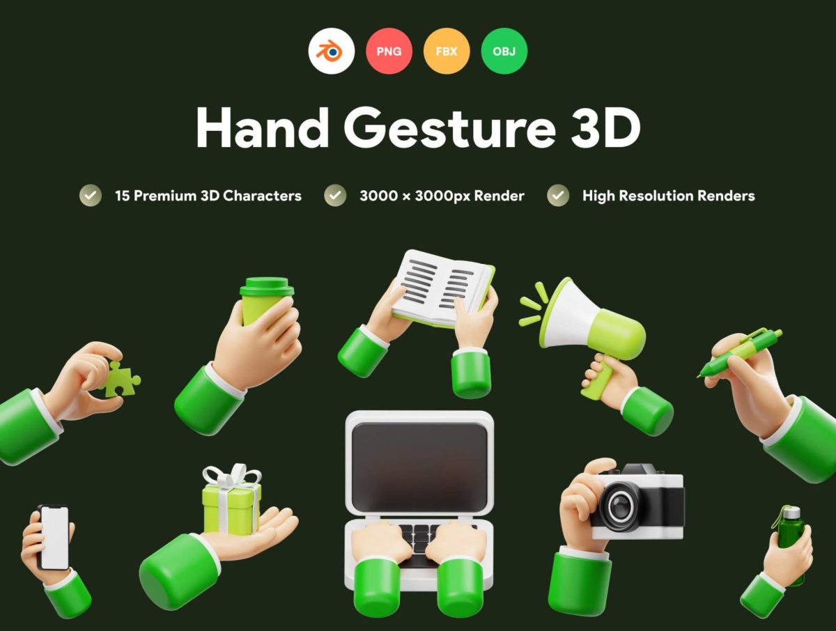 15款高级卡通手势手部动作插图3D图标Icons设计素材包 Hand Gesture 3D Icon_img_3