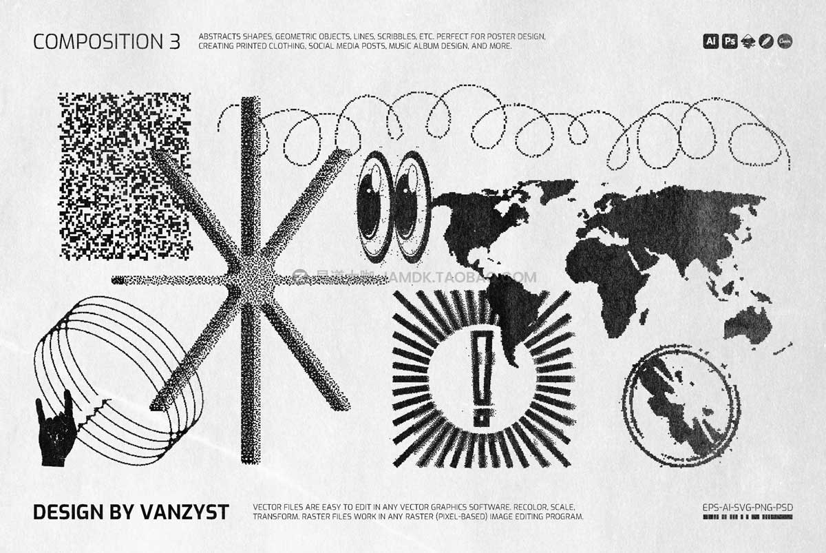 138款潮流复古街头嘻哈酸性像素颗粒抽象几何图形ai矢量设计素材 138 Bitmap Vector Shapes Pack_img_2