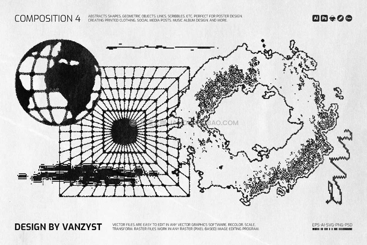 138款潮流复古街头嘻哈酸性像素颗粒抽象几何图形ai矢量设计素材 138 Bitmap Vector Shapes Pack_img_2