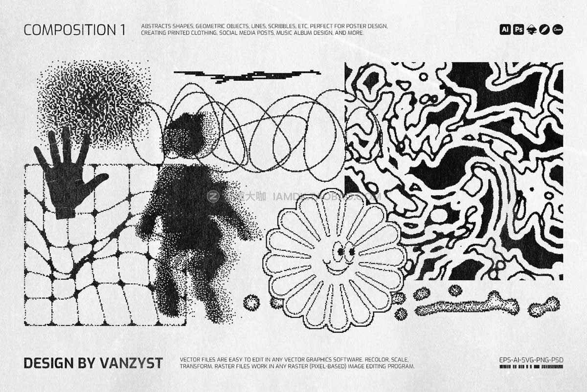 138款潮流复古街头嘻哈酸性像素颗粒抽象几何图形ai矢量设计素材 138 Bitmap Vector Shapes Pack_img_2