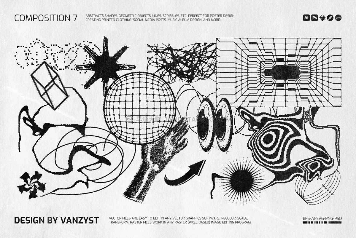 138款潮流复古街头嘻哈酸性像素颗粒抽象几何图形ai矢量设计素材 138 Bitmap Vector Shapes Pack_img_2