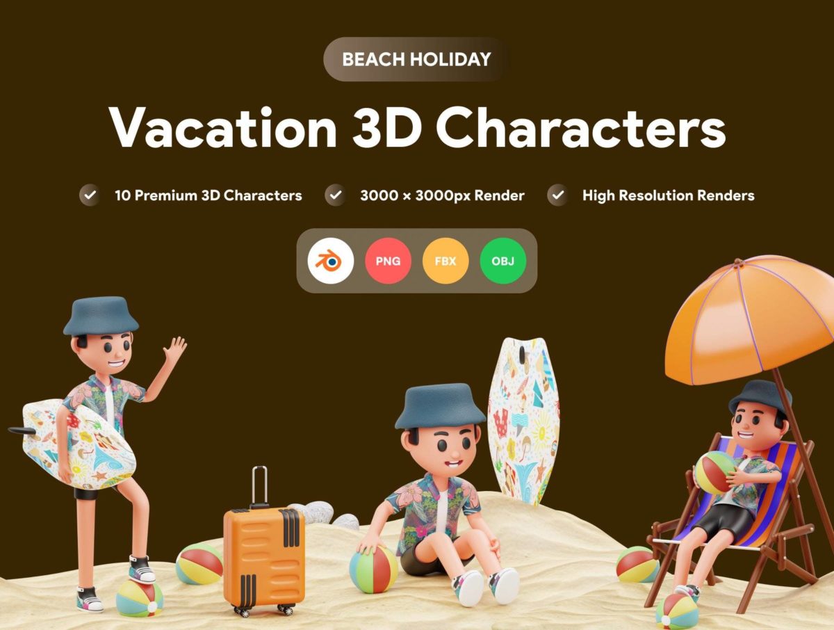 10款高级假期旅行人物插画插画3D图标Icons设计素材包 Vacation 3D Character Illustration_img_3