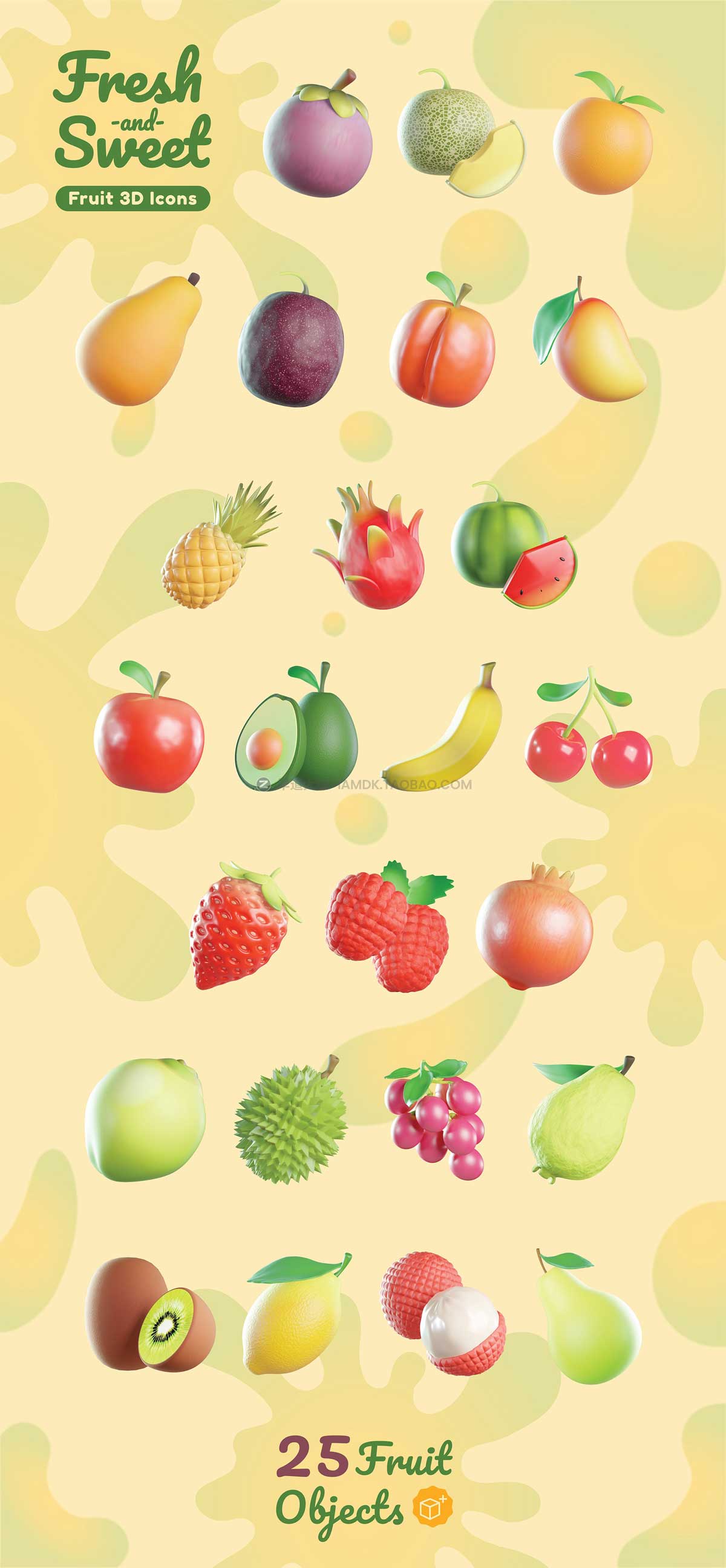 25款逼真水果三维立体3D插图插画图标Icons设计素材包 Fruit 3D Icons_img_2