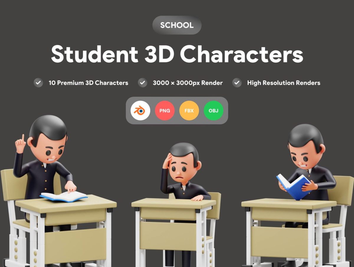 10款高级学生3D插画插图图标Icons设计素材包 Student Character 3D Illustration_img_3