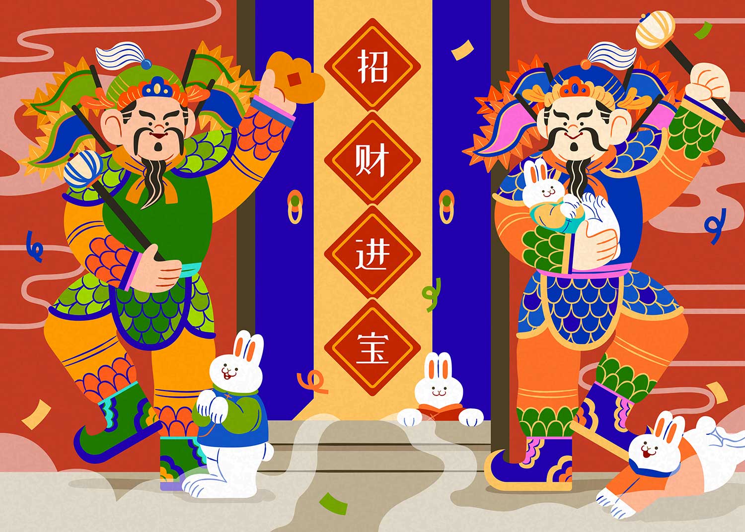 中国风农历新年兔年春节招财进宝门神手绘插画海报EPS设计素材_img_2