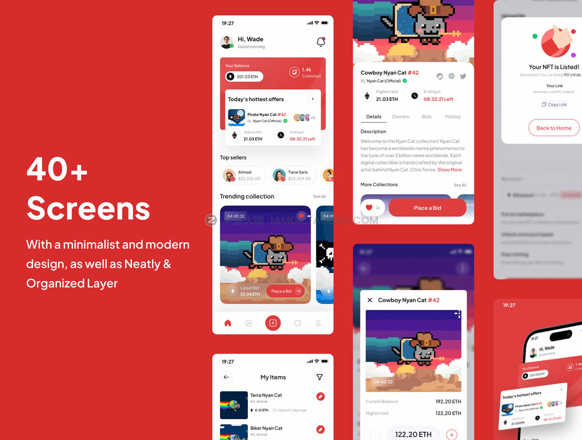 40多屏极简NFT虚拟物品交易市场应用程序APP界面设计UI套件素材 Nemesis - NFT Market Collection Apps UI Kits_img_2
