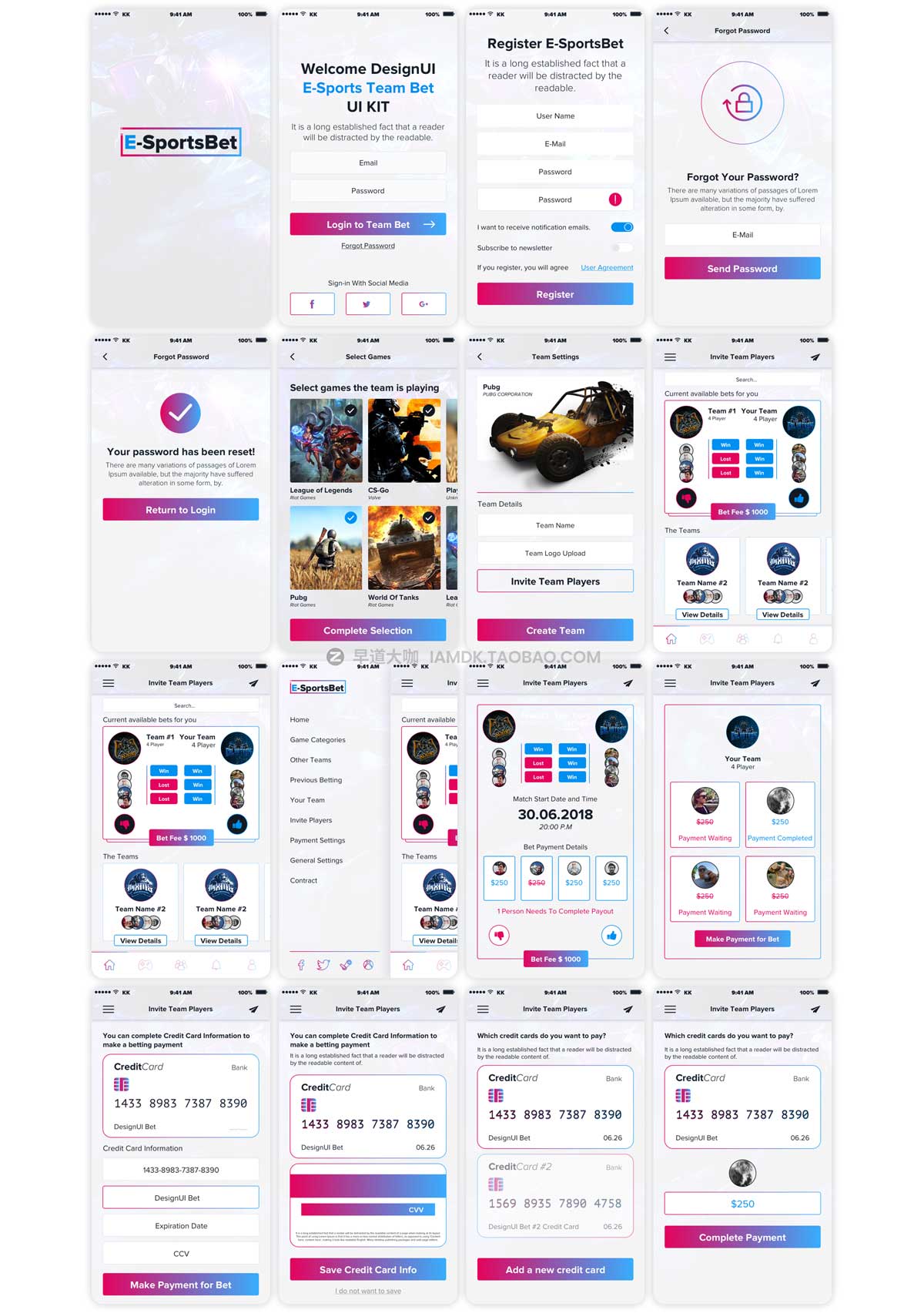 64屏黑白体育赛事在线直播投注APP界面设计UI套件素材包 EsportsBet Duello UI Kit_img_2