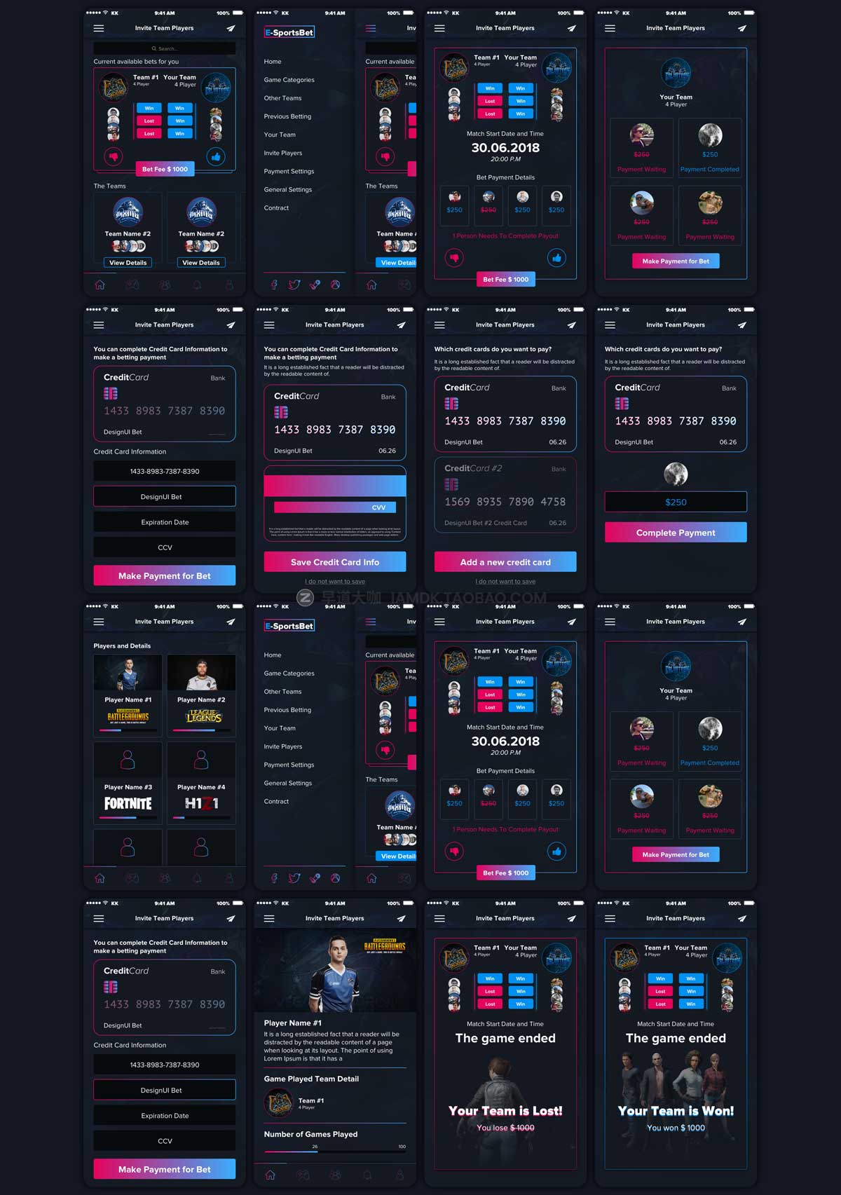 64屏黑白体育赛事在线直播投注APP界面设计UI套件素材包 EsportsBet Duello UI Kit_img_2