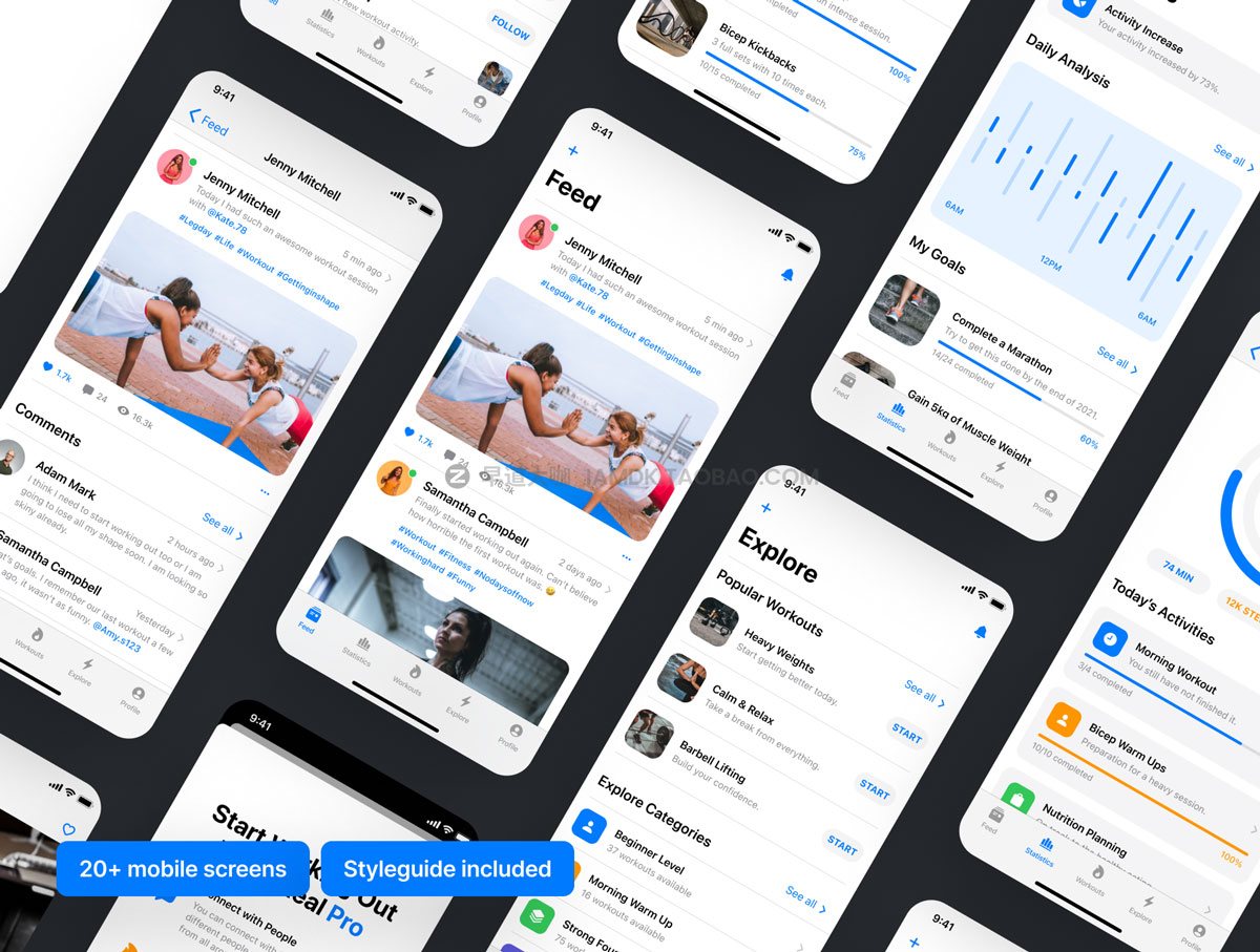 20+屏锻炼健身iOS应用程序APP界面设计UI套件素材 Swift Fitness iOS 14 App Kit_img_2