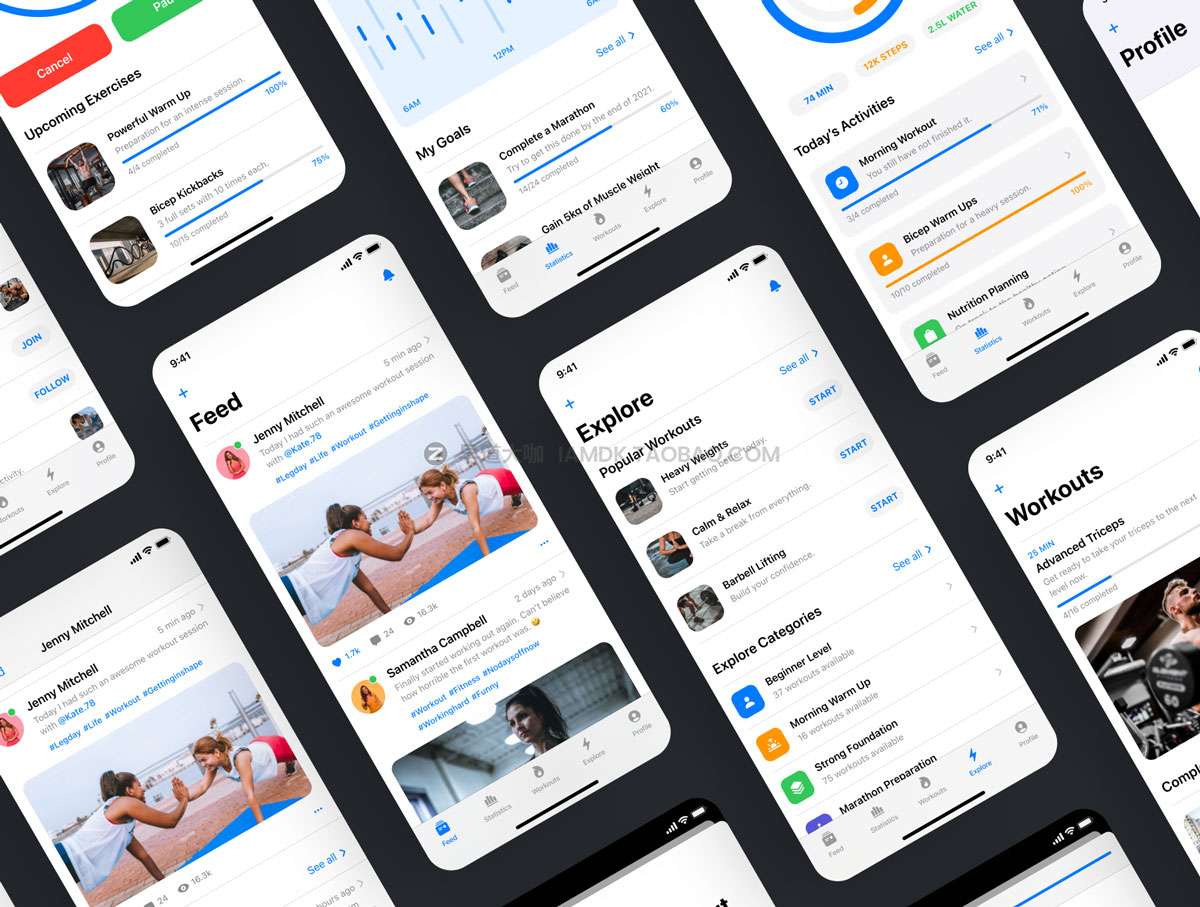 20+屏锻炼健身iOS应用程序APP界面设计UI套件素材 Swift Fitness iOS 14 App Kit_img_2