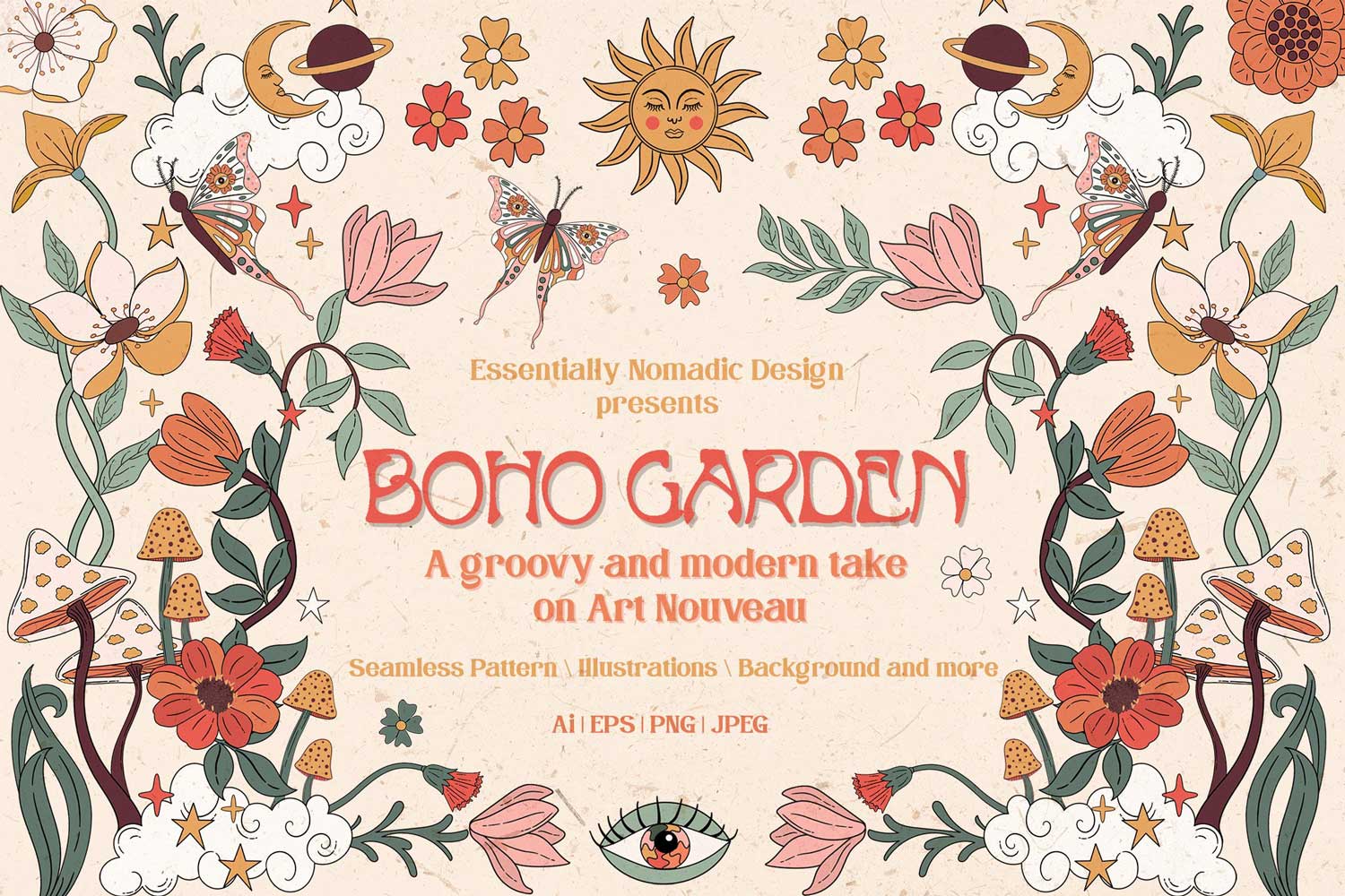 150+波西米亚风复古花卉天体月亮星星手绘插画AI矢量设计素材 Boho Garden Floral Collection_img_2