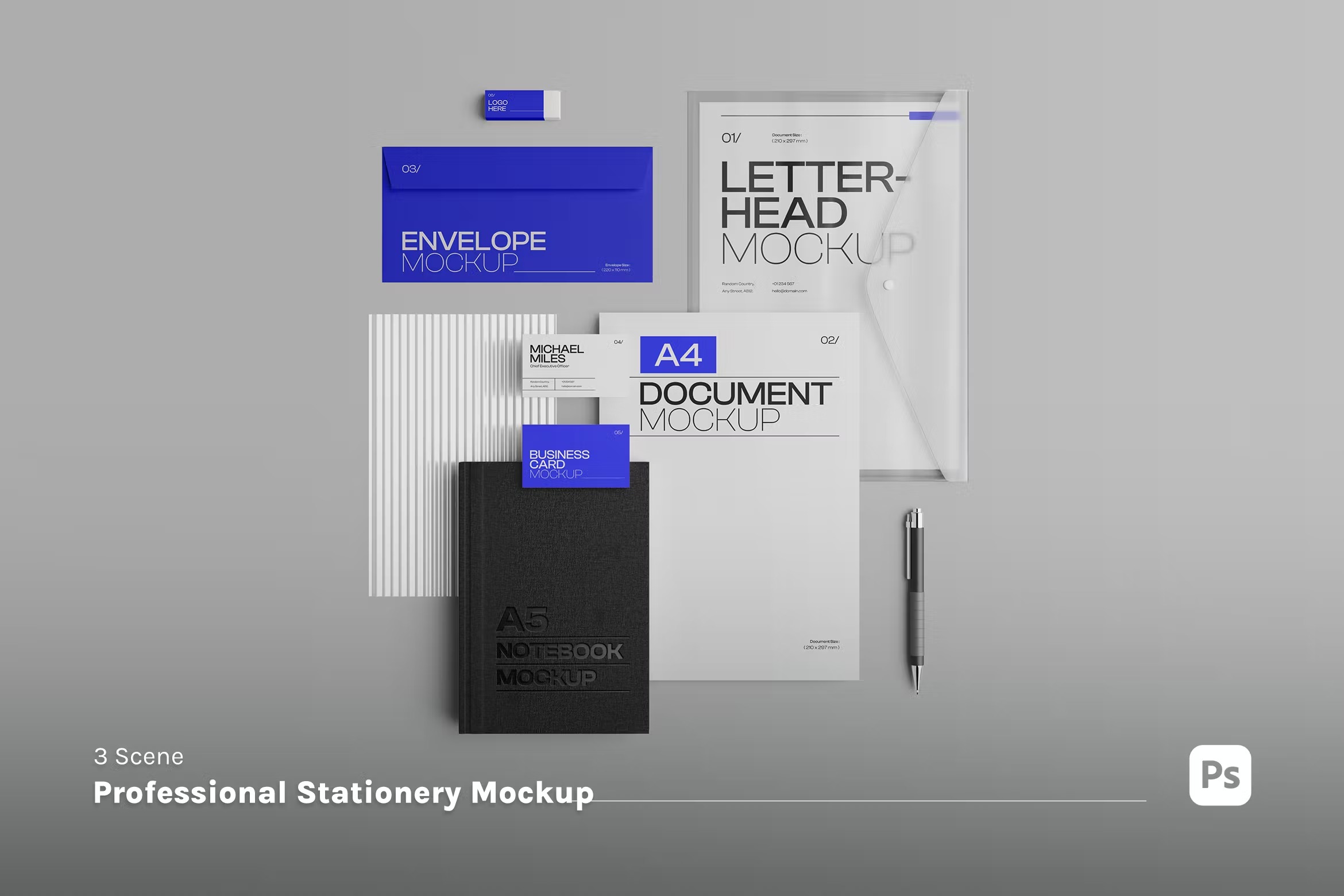 时尚商业办公文件文具品牌宣传vi应用设计贴图ps样机素材 Stationery Mockup_img_2