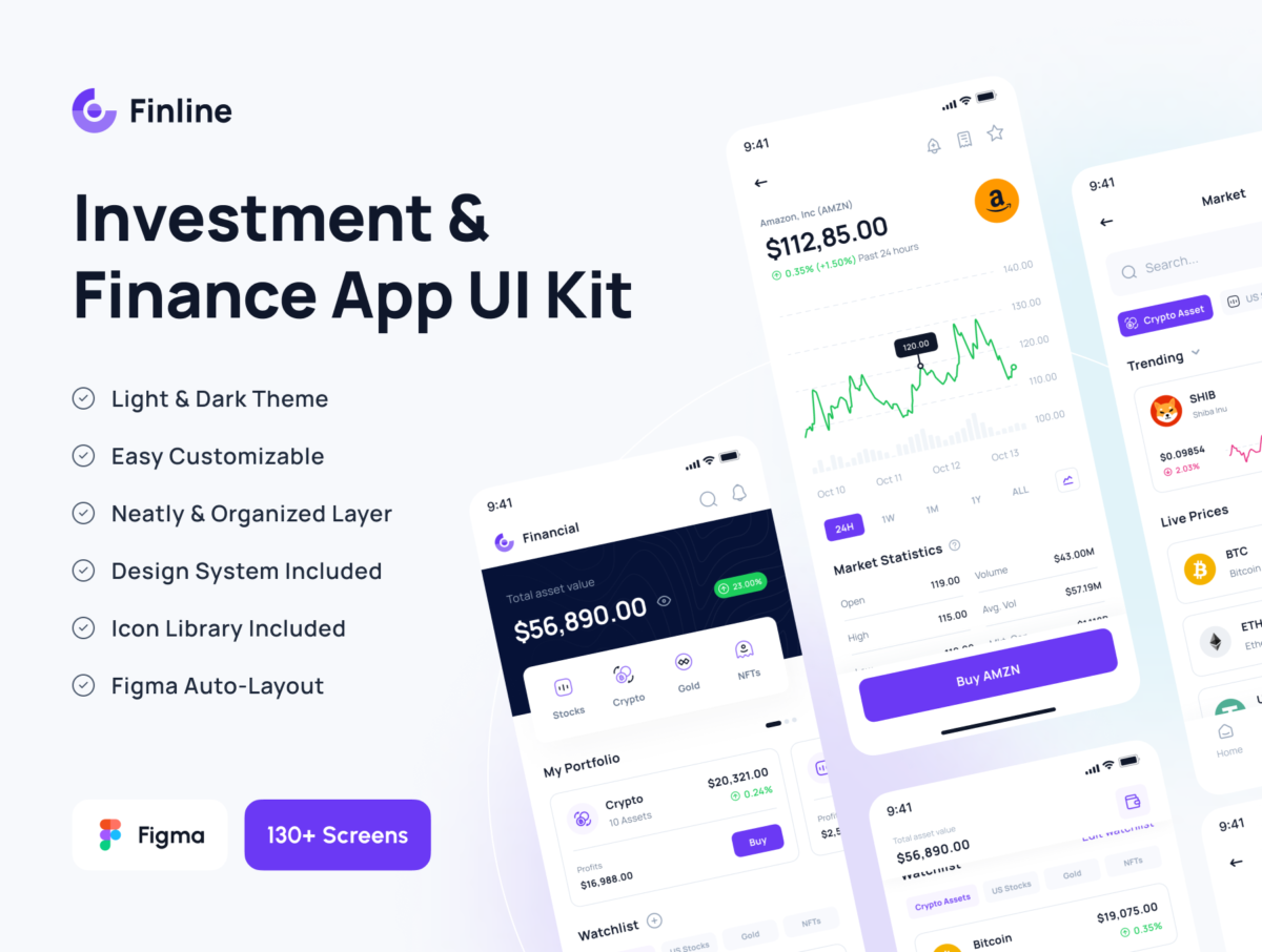 130多屏投资金融理财应用程序APP界面设计UI套件FIGMA模板 Finline - Investments & Finance App UI Kit_img_3