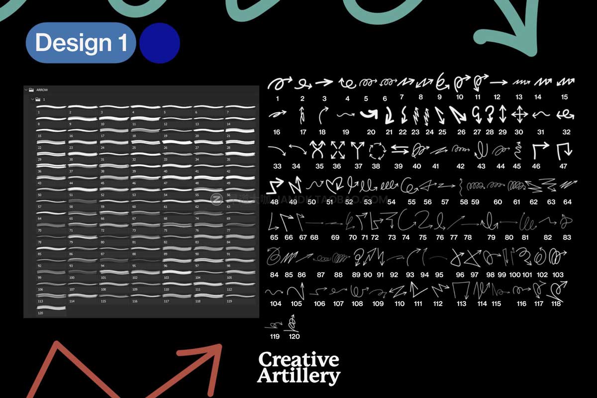 335款箭头飞箭涂鸦线条毛笔笔刷艺术绘画效果PS笔刷+PNG免抠图设计素材套装 Arrows Brush_img_2