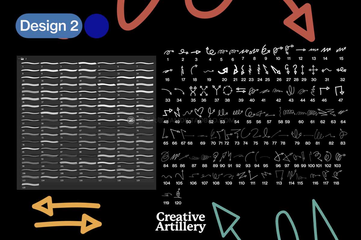 335款箭头飞箭涂鸦线条毛笔笔刷艺术绘画效果PS笔刷+PNG免抠图设计素材套装 Arrows Brush_img_2