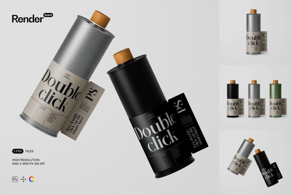 时尚圆形橄榄油酒水金属密封罐瓶包装设计贴图ps样机素材 Oil Metal Bottle Mockup_img_3