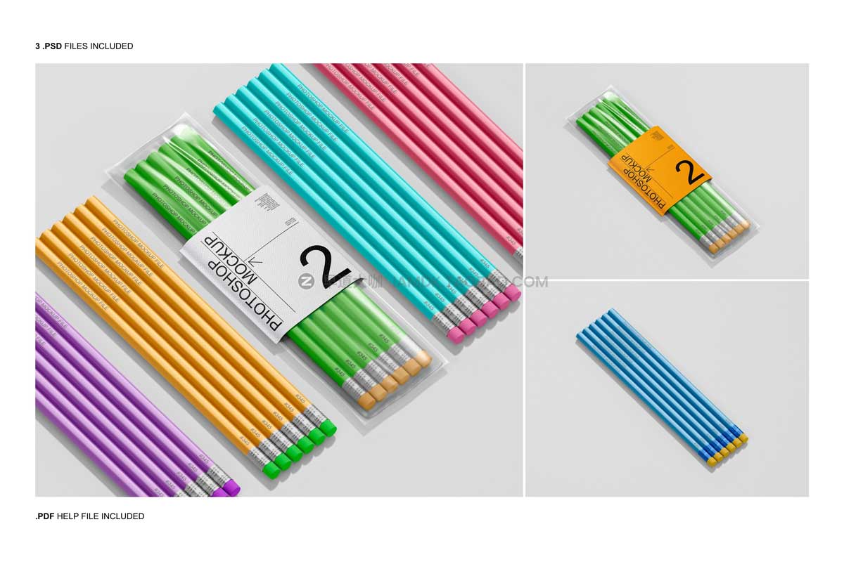 时尚铅笔透明包装袋文具产品包装设计展示贴图ps样机素材 Pencil Packaging Mockup Set_img_2