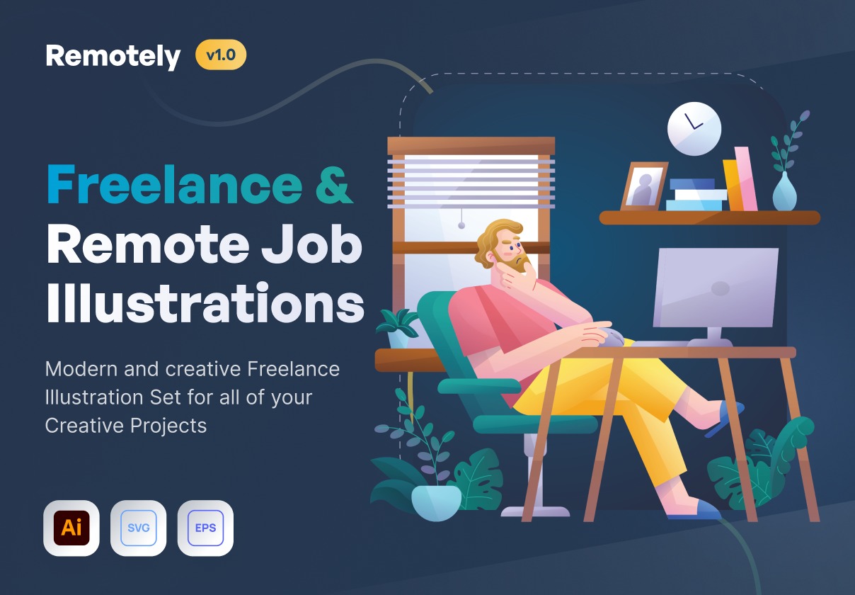 12幅创意自由职业者人物工作场景AI矢量手绘插画插图设计素材包 Remotely - Freelance & Remote Job Illustrations_img_2