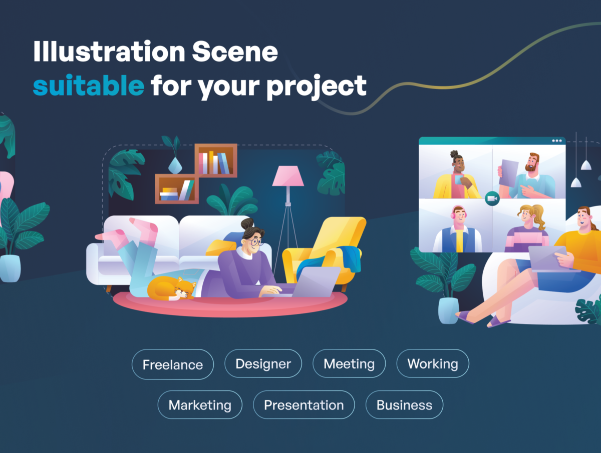 12幅创意自由职业者人物工作场景AI矢量手绘插画插图设计素材包 Remotely - Freelance & Remote Job Illustrations_img_3