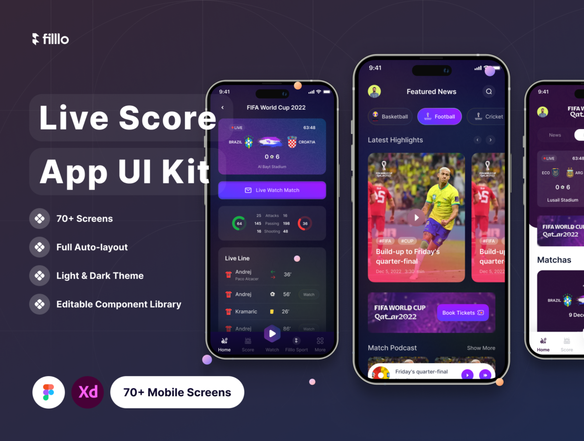 70+屏炫酷体育游戏电竞在线直播APP界面设计UI套件素材 Filllo Live Score App UI Kit_img_2