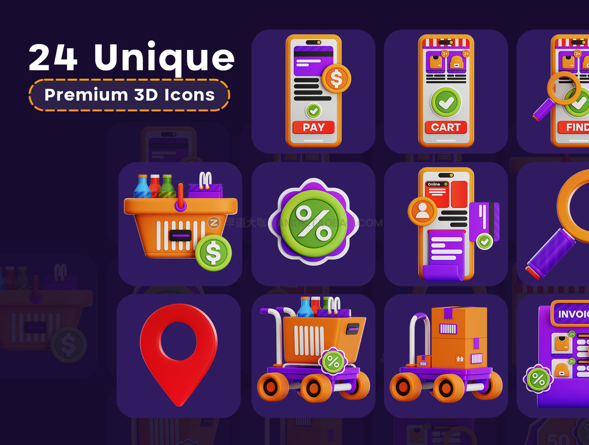 24个高级有趣电子商务购物商城3D图标Icons设计素材包 Ecommerce & Shopping 3D Iconset_img_2