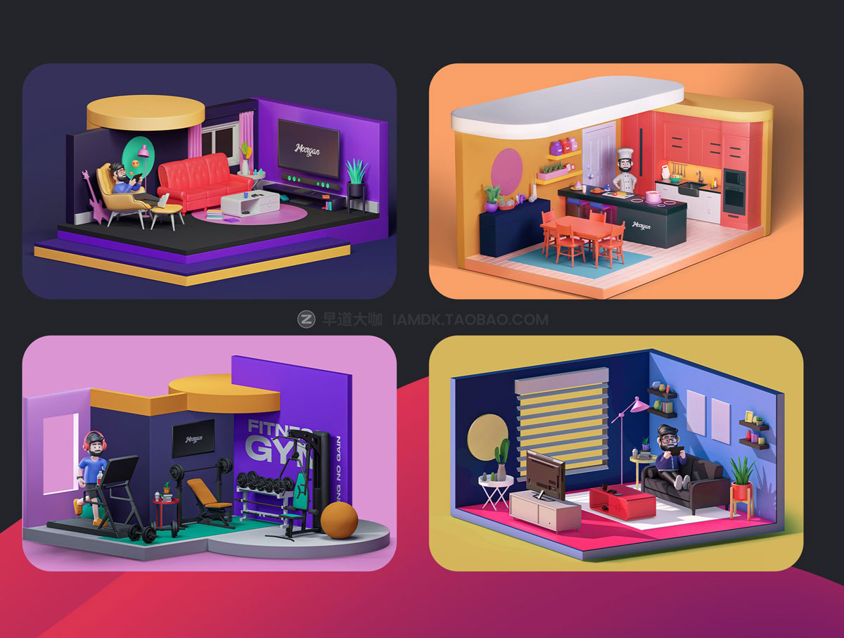 8款高级等距3D等距电商APP网站人物生活工作购物场景插图插画C4D模型素材 Moorgan 3D Isometric Scenes (v1.0)_img_2