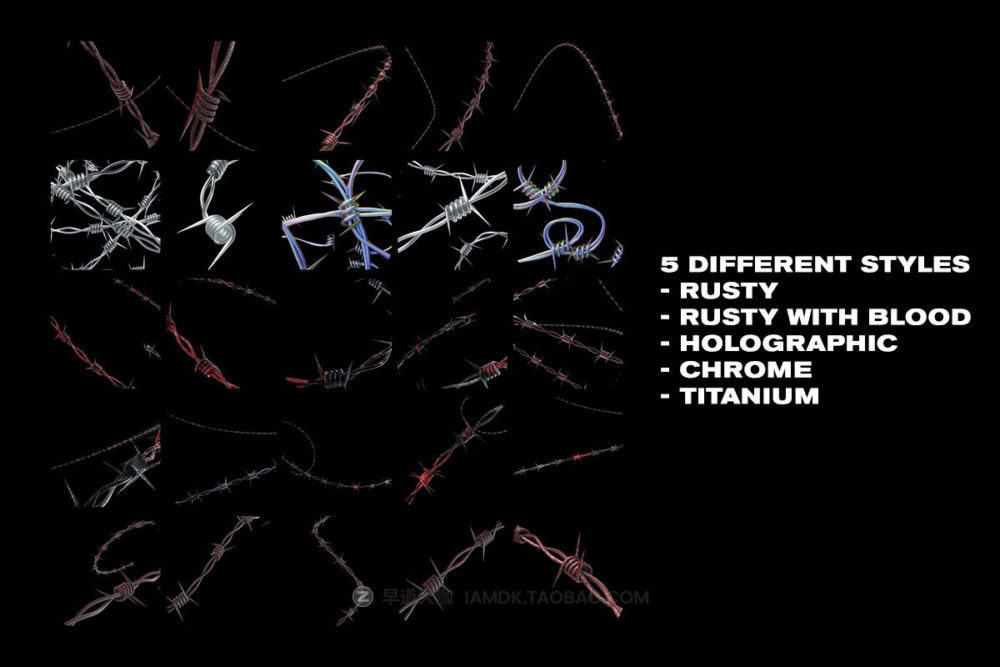 50款嘻哈风金属镀铬质感3D铁丝荆棘铁刺PNG免扣背景图元素设计套装 BARBED WIRE - TEXTURES, PNG, BRUSHES_img_2