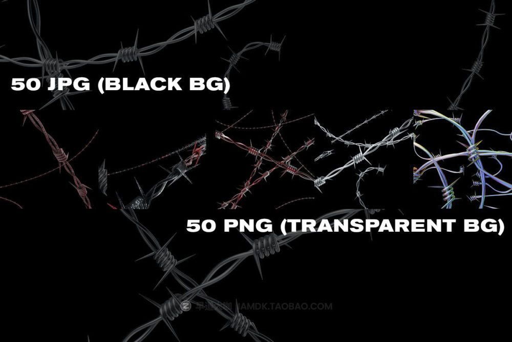 50款嘻哈风金属镀铬质感3D铁丝荆棘铁刺PNG免扣背景图元素设计套装 BARBED WIRE - TEXTURES, PNG, BRUSHES_img_2