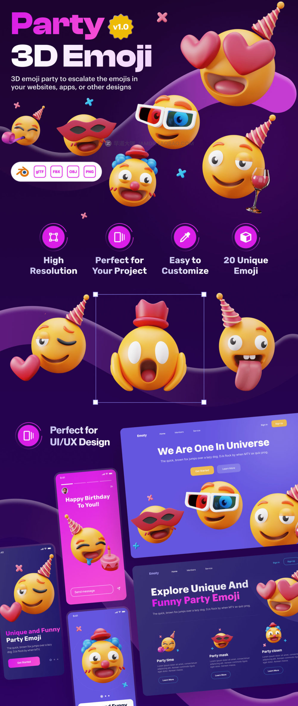 20个独特卡通趣味生日派对3D Emoji表情符号包图标Icons设计素材包 Emoty - 3D Party & Celebration Emoji Set_img_2