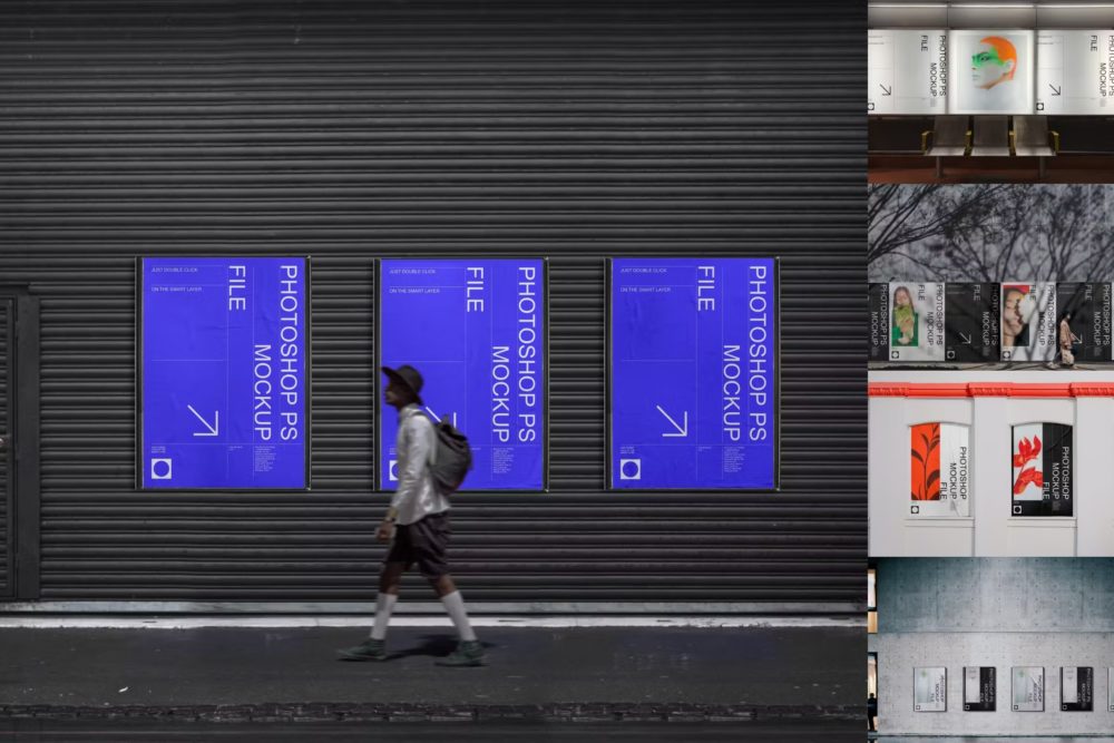 5款时尚城市街头车站广告牌海报设计展示ps智能贴图样机模板 City Advertising Mockup Set_img_2