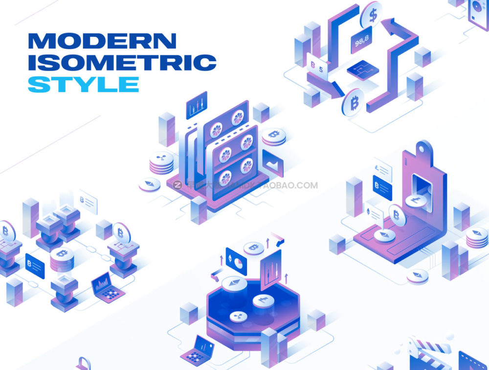 12幅等距加密货币比特币金融理财3D插图插画图标Icons素材包 Currency - Cryptocurrency Isometric Illustration Set_img_2