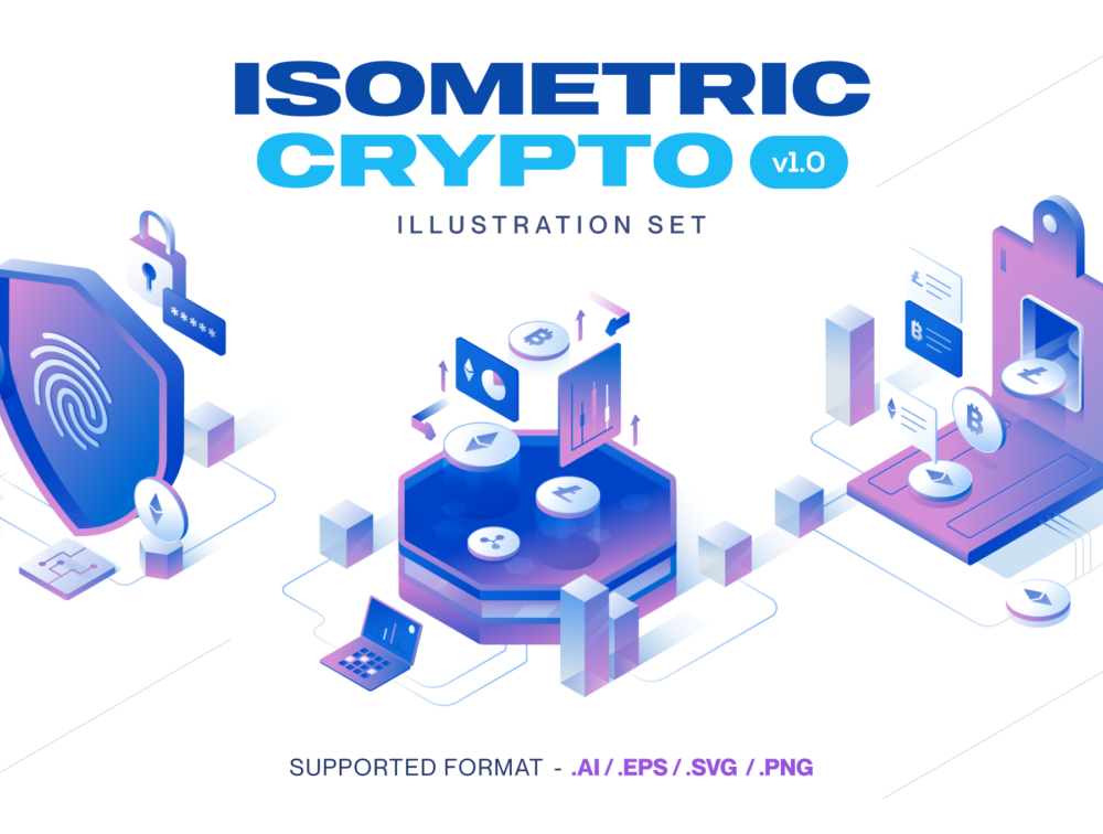 12幅等距加密货币比特币金融理财3D插图插画图标Icons素材包 Currency - Cryptocurrency Isometric Illustration Set_img_2