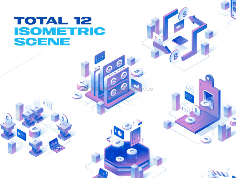 12幅等距加密货币比特币金融理财3D插图插画图标Icons素材包 Currency - Cryptocurrency Isometric Illustration Set_img_2