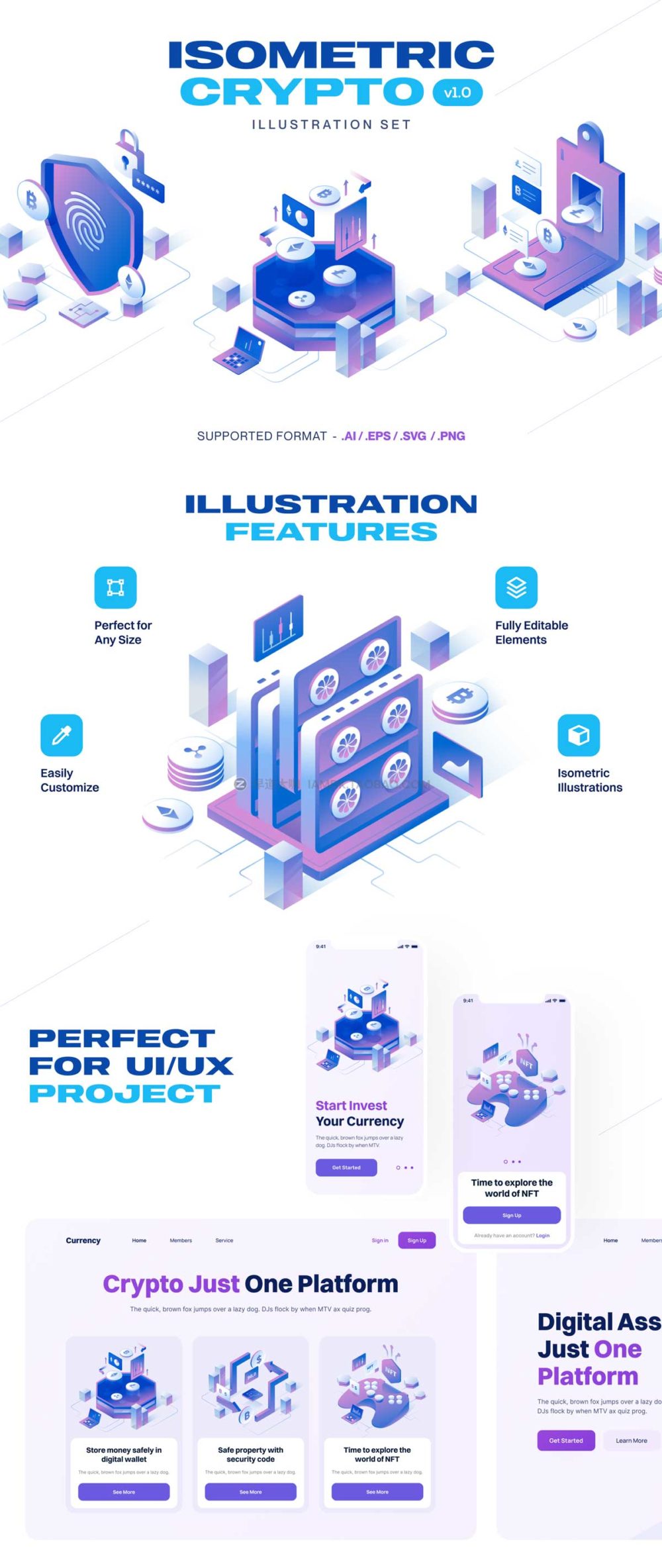 12幅等距加密货币比特币金融理财3D插图插画图标Icons素材包 Currency - Cryptocurrency Isometric Illustration Set_img_2