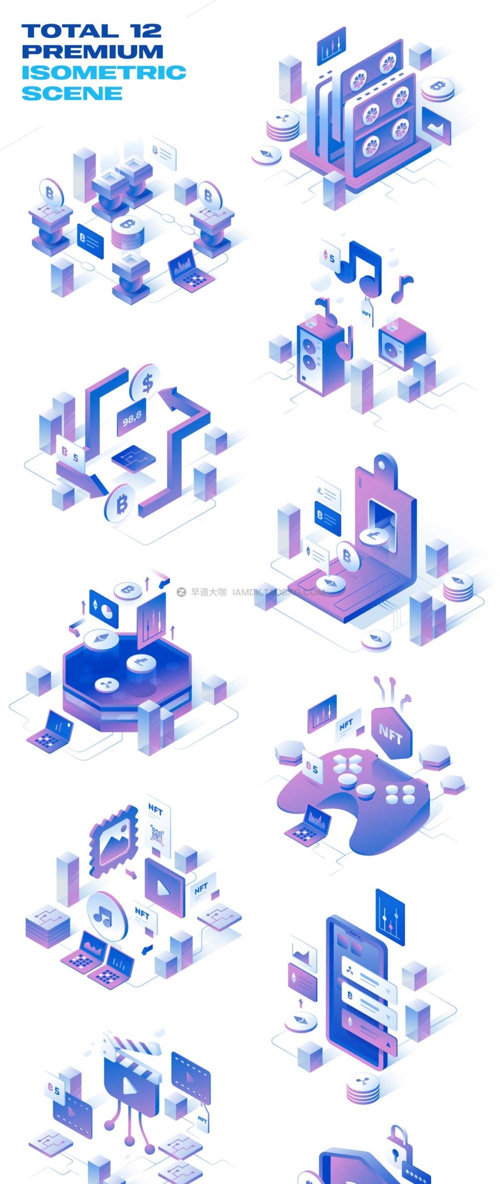 12幅等距加密货币比特币金融理财3D插图插画图标Icons素材包 Currency - Cryptocurrency Isometric Illustration Set_img_2