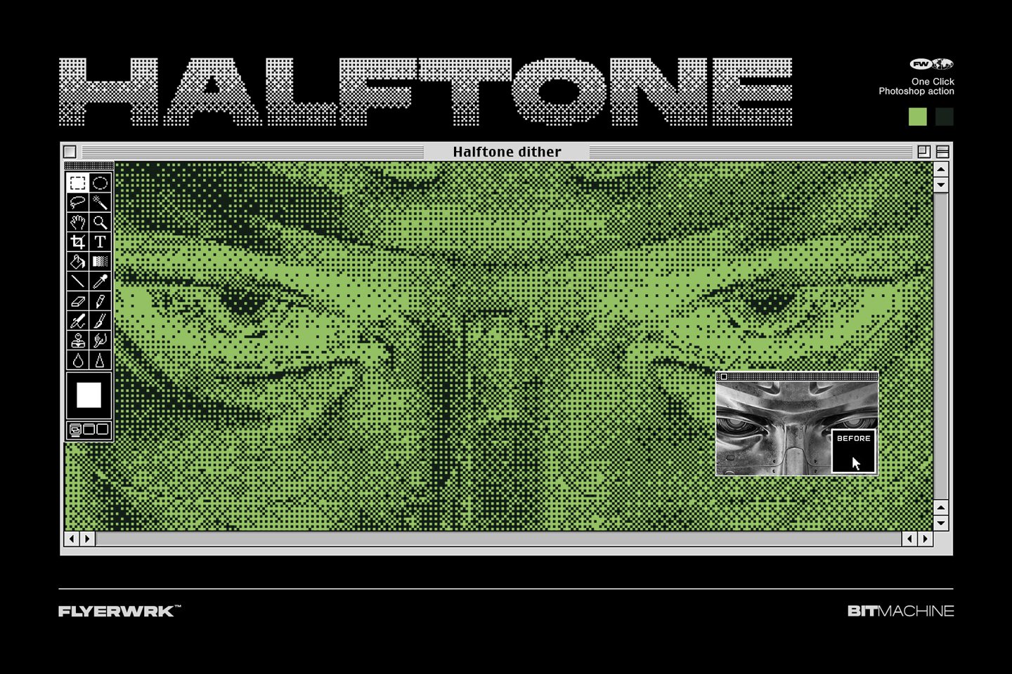 90年代复古半调像素风马赛克点状图像照片特效ps动作 Bit machine Halftone Action_img_2