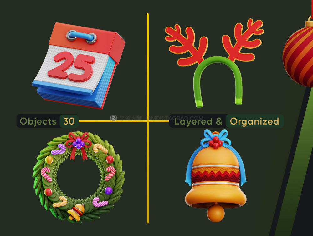 30款高级质感圣诞节节日3d插画插图icons图标设计素材 Christmas 3D Icon Pack - Objectsly V.1_img_2