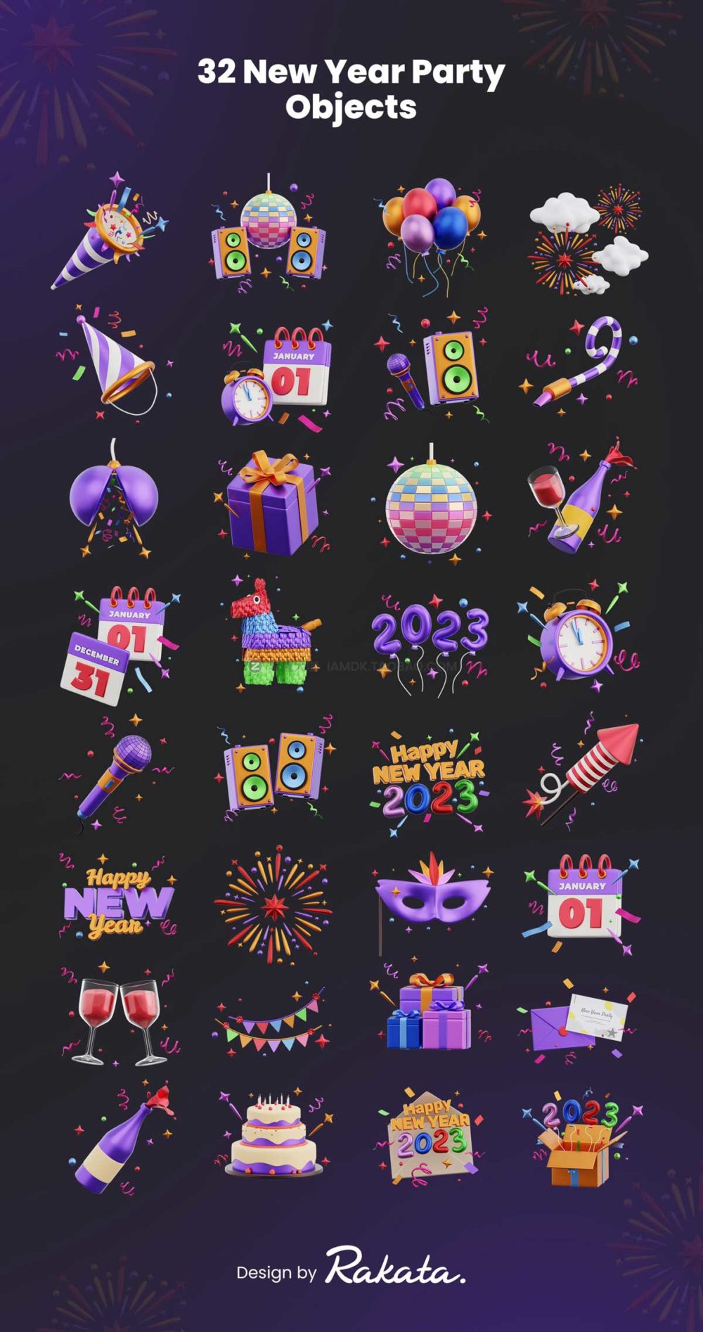 32款卡通趣味3D新年节日生日派对庆典插图插画png免抠图片素材 New Year Party 3D Icons_img_2