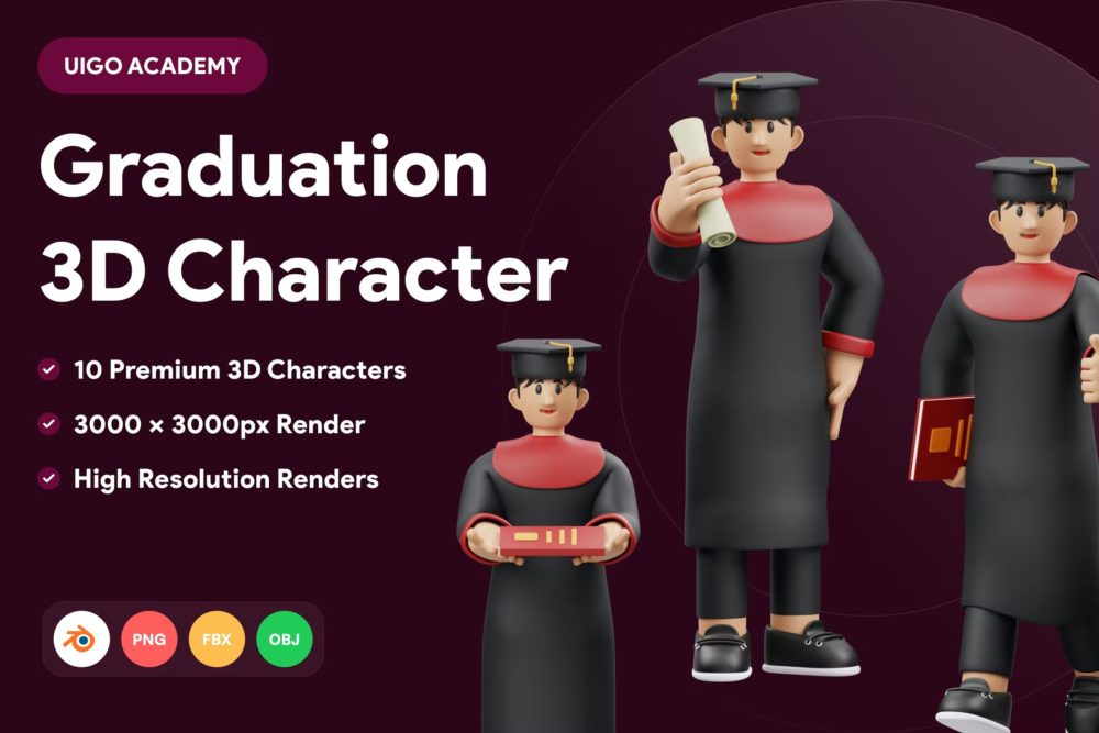 10个高校毕业生博士帽3d人物插画插图图标icons设计素材 Graduation 3D Character_img_2