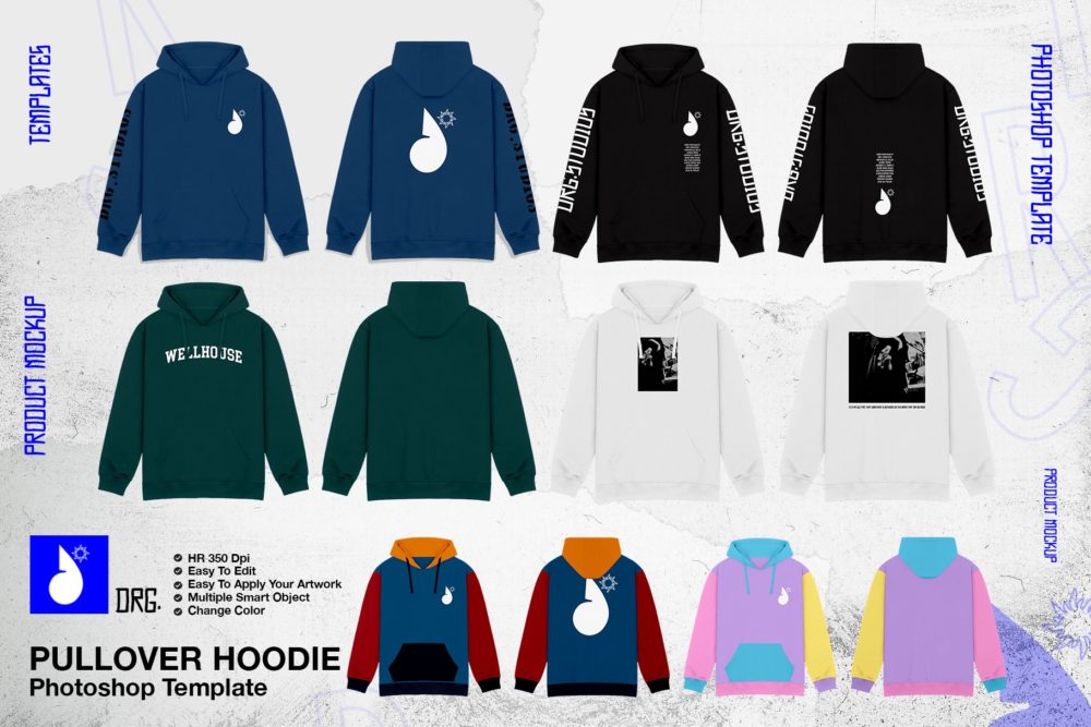 潮流嘻哈街头连衣帽卫衣印花图案设计ps智能贴图样机模板 Pullover Hoodie Mockup_img_2