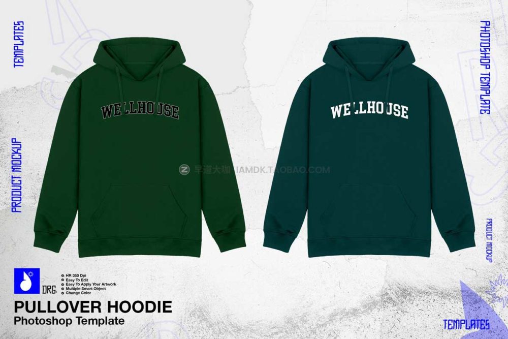 潮流嘻哈街头连衣帽卫衣印花图案设计ps智能贴图样机模板 Pullover Hoodie Mockup_img_2