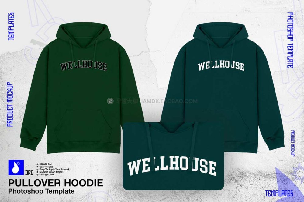 潮流嘻哈街头连衣帽卫衣印花图案设计ps智能贴图样机模板 Pullover Hoodie Mockup_img_2