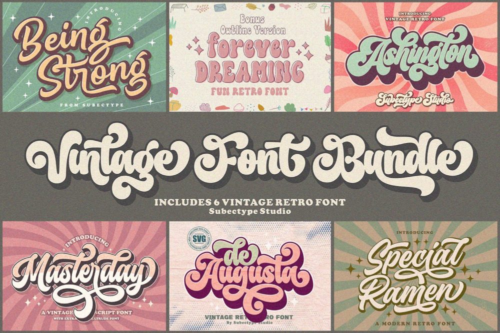 6套70年代经典复古服装婚礼包装T恤标题设计手写签名英文字体包 Vintage Retro Font Bundle_img_2