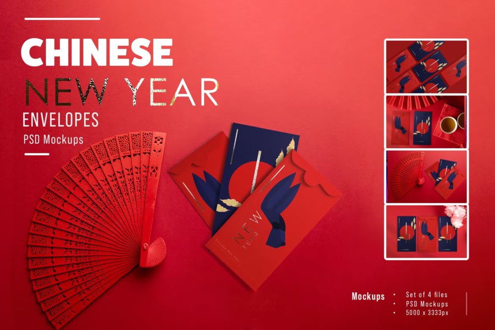 逼真中国新年节日利是封红包封面设计展示贴图psd样机模板 Chinese New Year Envelope Mockups_img_2