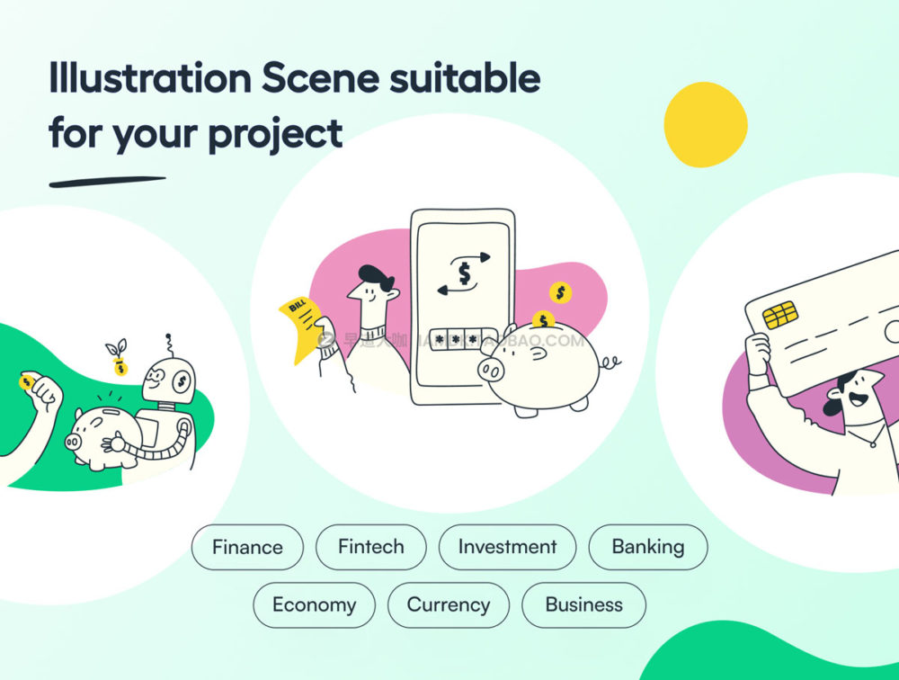 12幅卡通金融科技银行理财养老货币主题手绘插画插图ai矢量设计素材 Fintecy - Fintech Startup Illustration Set_img_2