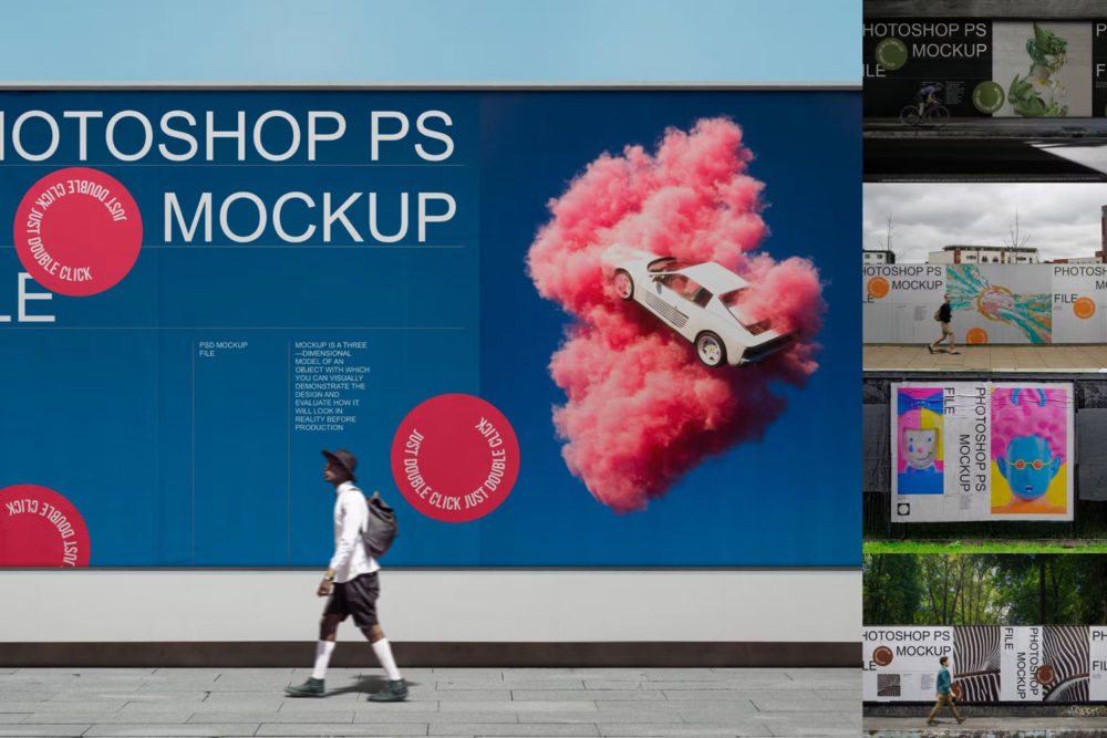 时尚城市街头楼盘围挡画面广告海报设计展示贴图psd样机模板 City Advertising Mockup Set_img_2