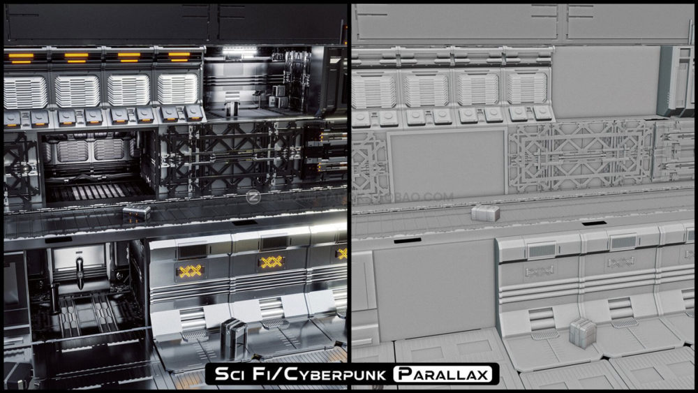 未来科幻赛博朋克机甲飞船飞机坪车间工厂3d渲染blender模型素材 Cyberpunk Parallax Rooms_img_2