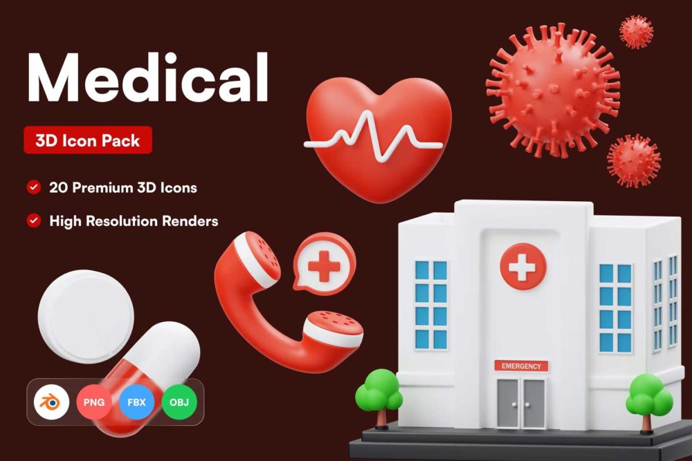 20款高级医疗医院健康ui界面设计3d三维立体图标icons设计素材 Medical 3D Icon_img_2