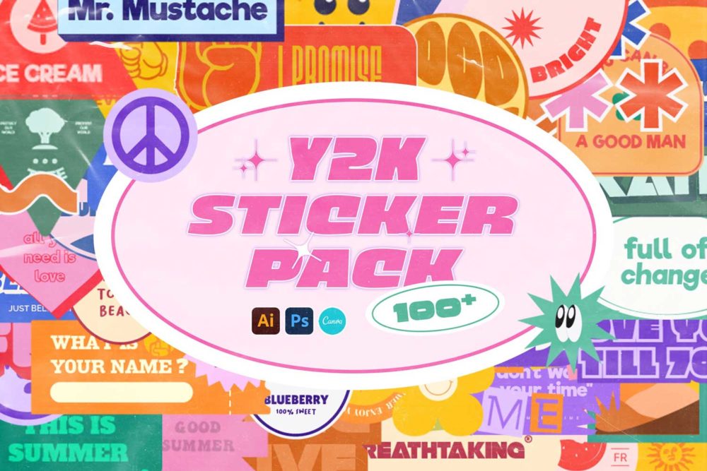 100个80年代复古y2k标签贴纸设计ai矢量素材 Y2K Sticker Pack_img_2