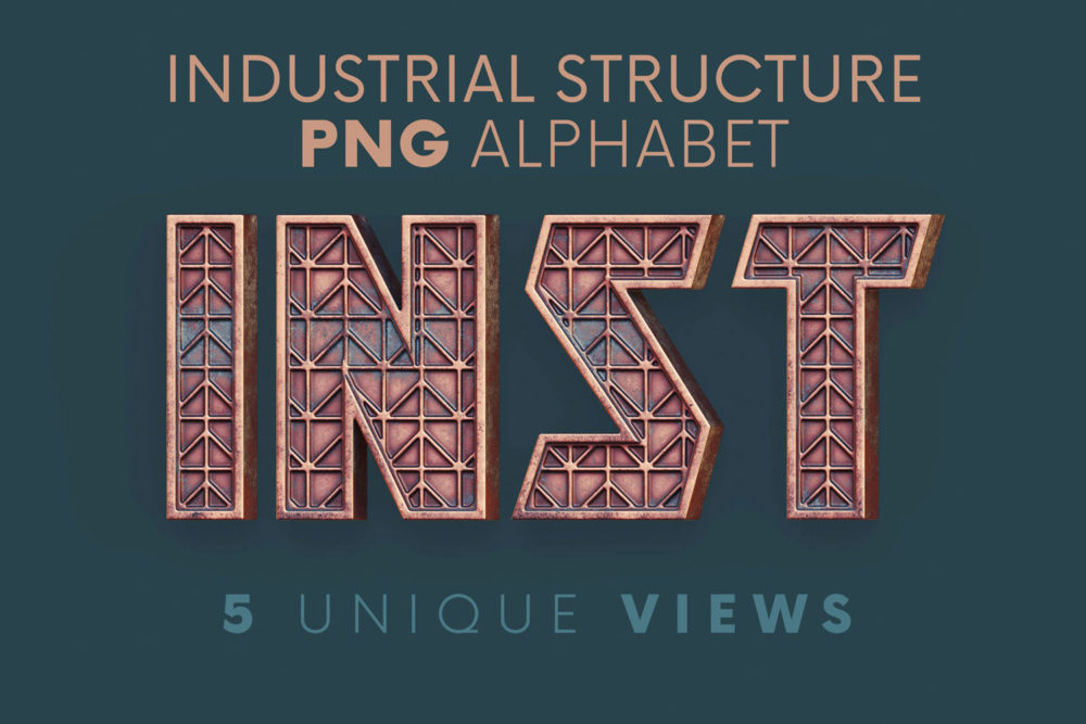 创意逼真3D立体三维金属复古工业朋克风字母数字PNG免抠图设计素材 Industrial Structure - 3D Lettering_img_2